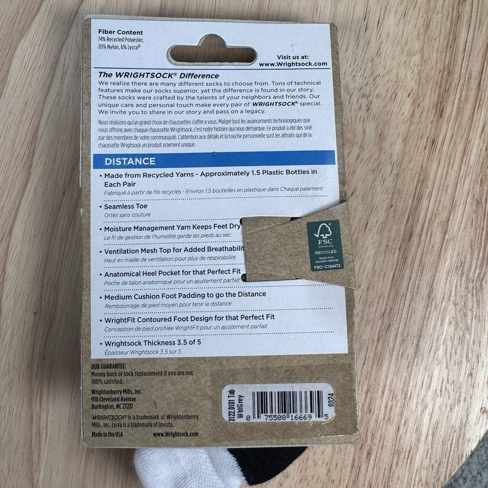 Wrightsock Distance Large M 8.5-12 W 9.5-11.5 Fossil Grey Tab 2 Pack